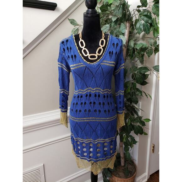Step in Style Tunic Top Womens Large Blue Crochet Long Sleeve Fringe Hem V Neck - Picture 1 of 13